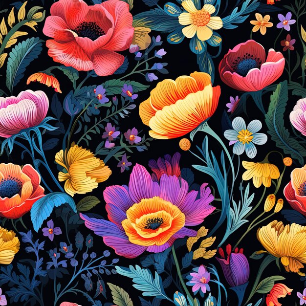 una exhibición colorida de flores y hojas con las palabras primavera