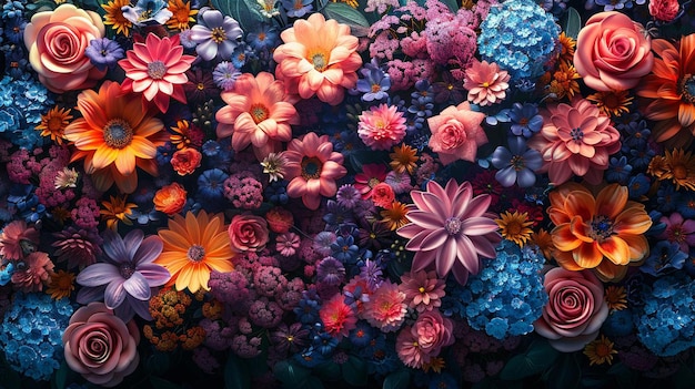 una exhibición colorida de flores y la palabra flores