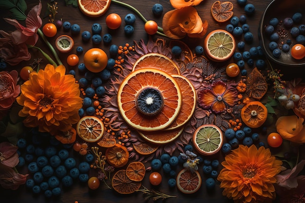 Una exhibición colorida de frutas y bayas con un fondo de arándanos y naranjas.