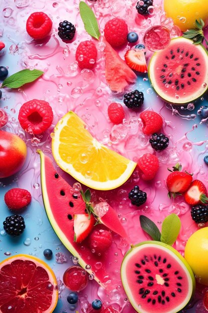 una exhibición colorida de frutas y bayas se muestra con una gota de agua