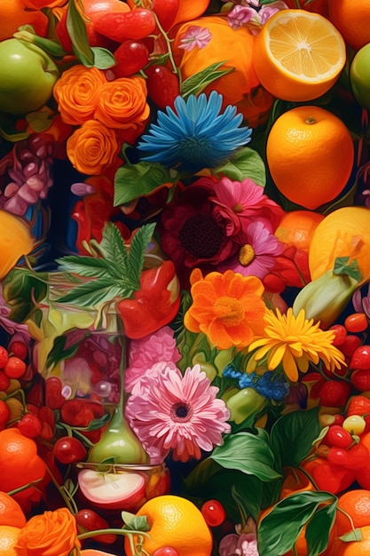 Una exhibición colorida de frutas y flores, incluida una flor.