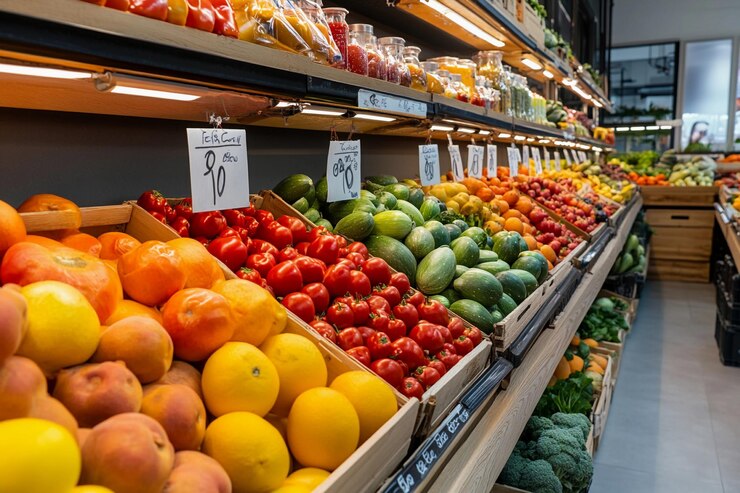 Exhibición colorida de frutas y verduras frescas en un entorno de mercado IA generativa