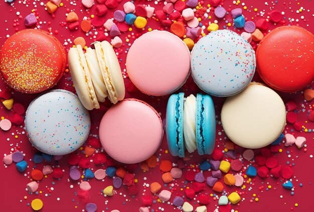 una exhibición colorida de galletas y dulces, incluida una que dice "la de abajo es rosa"