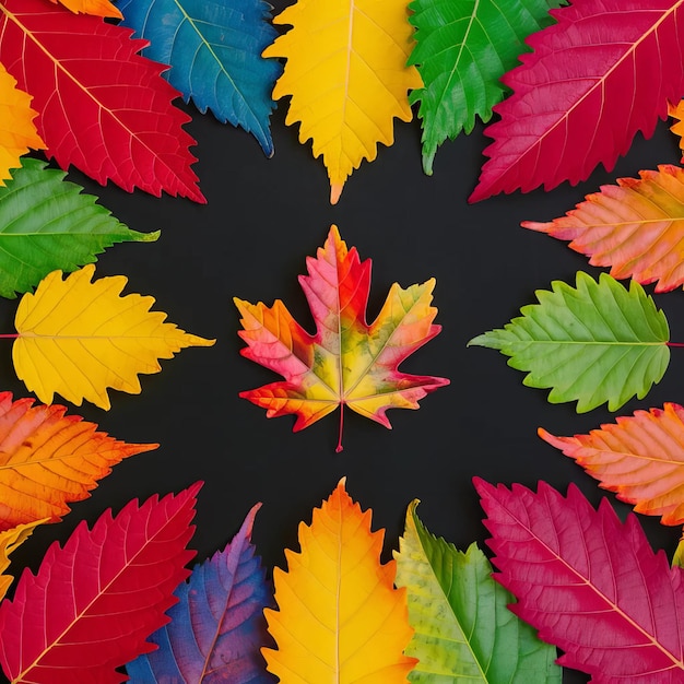 una exhibición colorida de hojas de otoño con un fondo negro generado por Ai