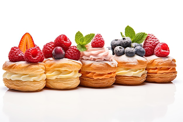 Exhibición colorida de pasteles coronados con frutas aisladas sobre un fondo blanco