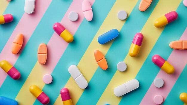 una exhibición colorida de pastillas y cápsulas con un fondo azul