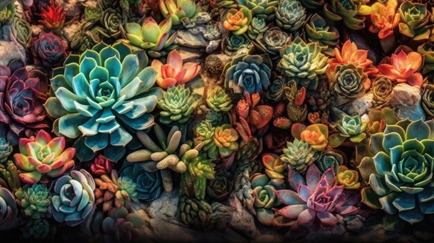 Una exhibición colorida de suculentas y plantas.