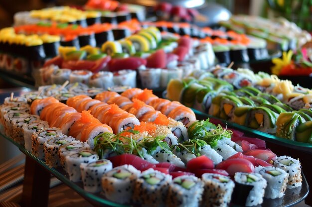 Foto exhibición de coloridos rollos de sushi con ingredientes