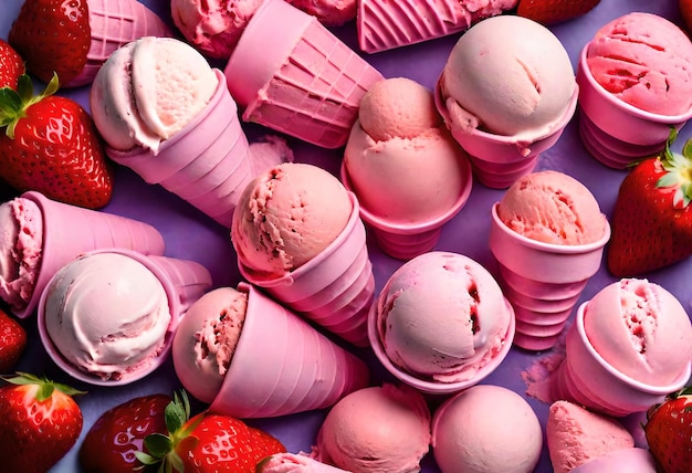 una exhibición de conos de helado rosado con fresas en la parte superior