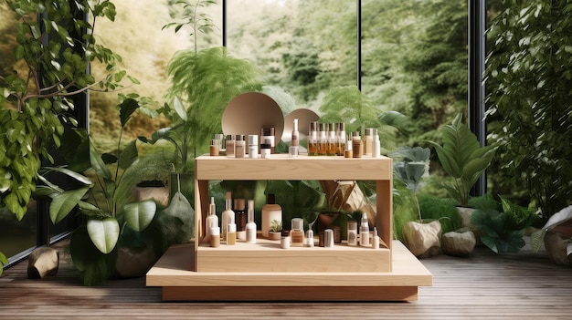 Exhibición de cosméticos con un podio de madera fotorrealista