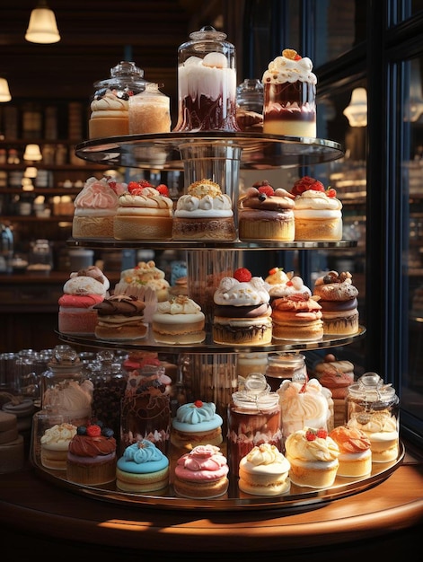 una exhibición de cupcakes con un puesto de pasteles con un puesto de pasteles al fondo.