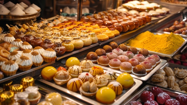 Una exhibición deliciosa de dulces y postres indios, incluyendo gulab jamun rasgulla y jalebi, tentando al espectador con su irresistible dulzura y decadencia.