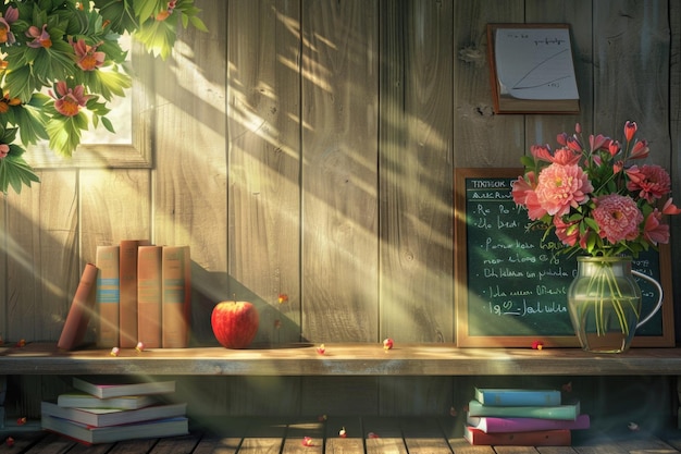 Exhibición del Día de los Maestros con una pizarra de libros de manzanas y flores sobre un fondo de madera