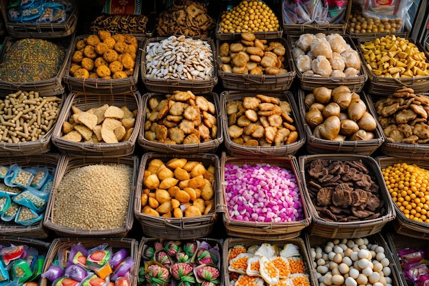 una exhibición de diferentes tipos de alimentos en cestas