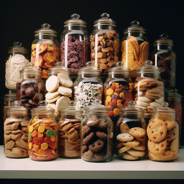 una exhibición de diferentes tipos de alimentos, incluidos dulces, nueces y chocolate.