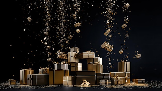 Exhibición dinámica de cajas de regalos con brillo dorado