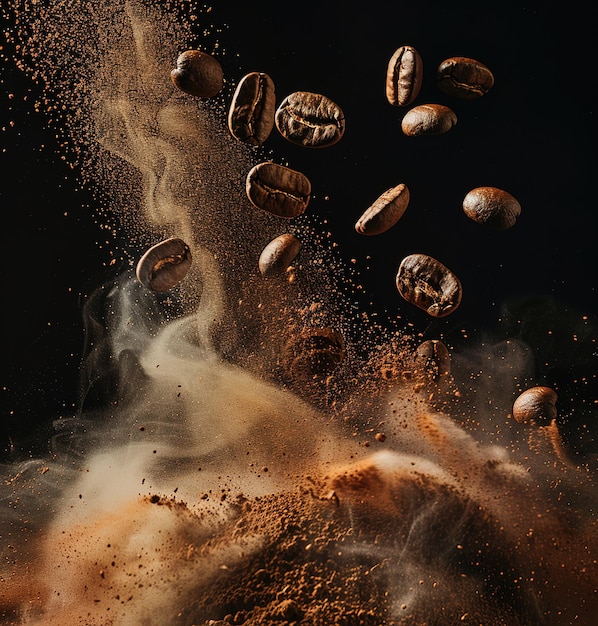 Una exhibición dinámica de granos de café que estallan sobre una barra de rico chocolate oscuro que captura la esencia de una fusión de sabores