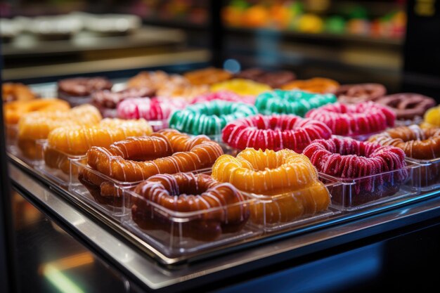 Una exhibición de donas en una tienda ai