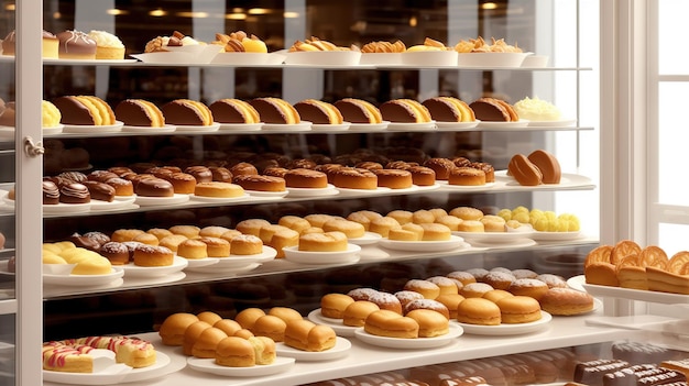 Una exhibición de donuts y pasteles se muestra en una tienda.