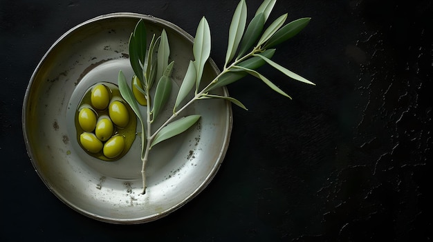 Exhibición elegante de aceitunas verdes y ramas de olivo en un plato de cerámica perfecta para temas culinarios y fondo oscuro de estilo mediterráneo