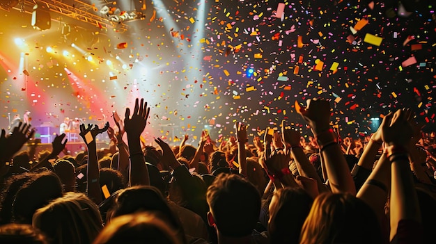 exhibición explosiva de fanáticos exultantes en medio de una lluvia de confeti colorido en un concierto de alta energía