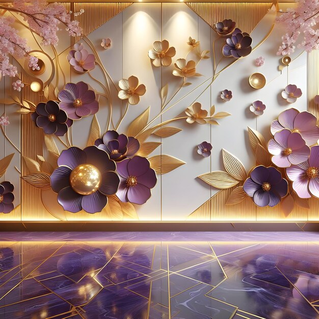 una exhibición floral púrpura y púrpura con flores en la pared
