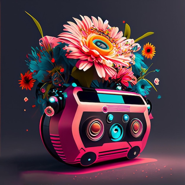 Una exhibición floral con una radio y flores.