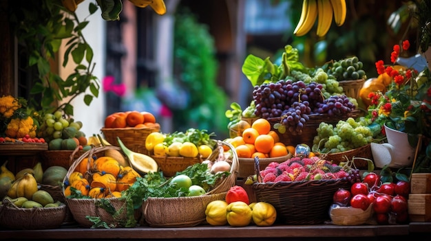 una exhibición de frutas que incluyen plátanos, uvas y otras frutas.