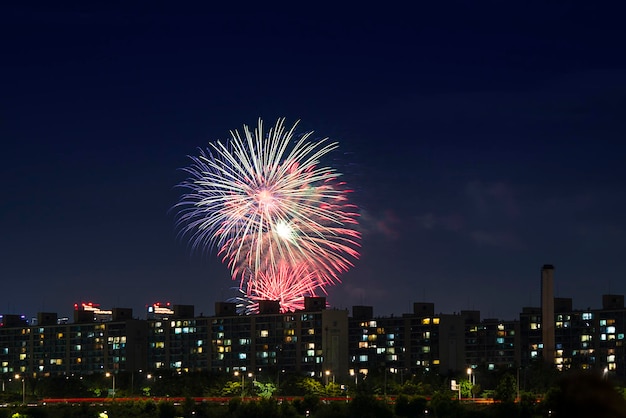 Exhibición de fuegos artificiales en la ciudad contra el cielo por la noche