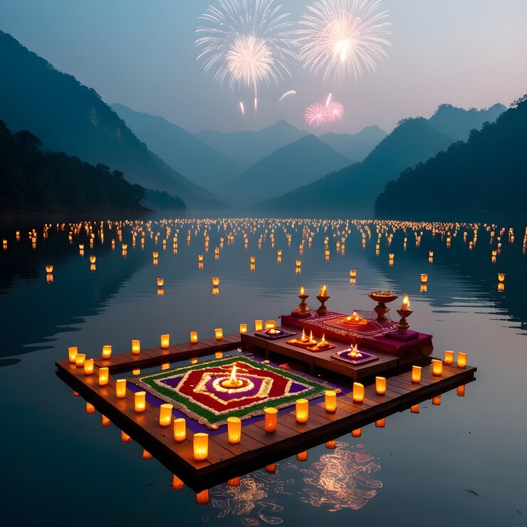 una exhibición de fuegos artificiales con un lugar de culto en el fondo