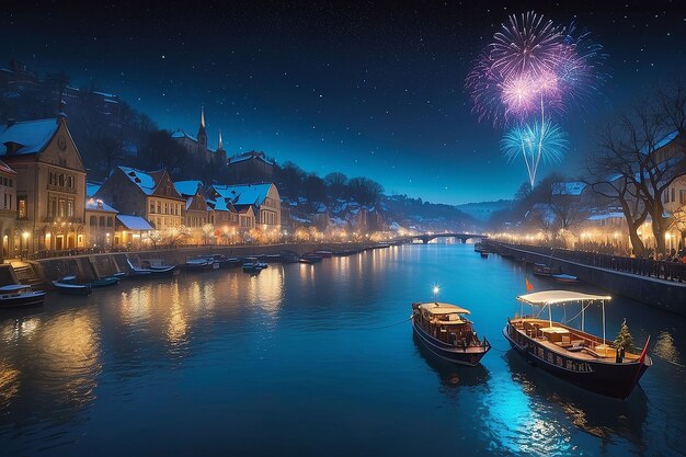 Foto una exhibición de fuegos artificiales se muestra por encima de un río con un barco y un barco con una exposición de fuegos artificiales en el fondo