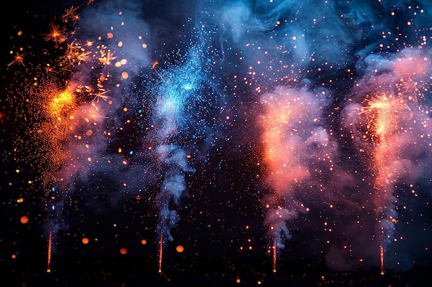 una exhibición de fuegos artificiales púrpura y naranja con las palabras fuegos artificiosos en el cielo