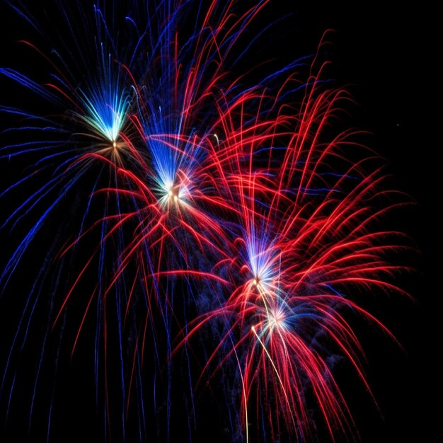 Una exhibición de fuegos artificiales rojos, blancos y azules se enciende en el cielo nocturno.