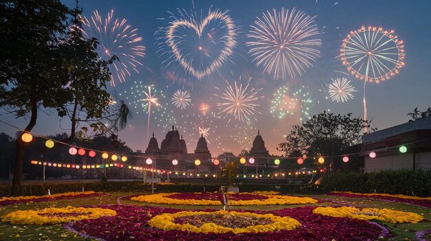 exhibición de fuegos artificiales sobre un jardín de flores con un corazón en el fondo