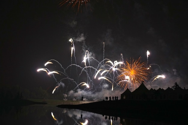 Exhibición de fuegos artificiales sobre el lago por la noche