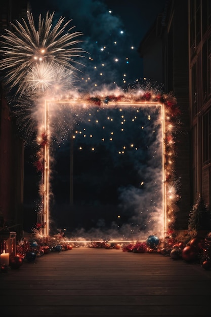 Foto exhibición de fuegos artificiales a través de un gran marco adecuado para temas festivos y de celebración generativo por ia