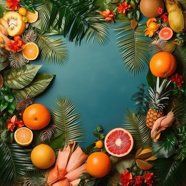 Una exhibición grande y colorida de frutas y hojas tropicales está rodeada por un fondo azul.