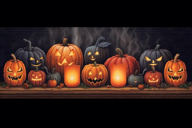exhibición de halloween de jack o linternas calabazas y decoración de candelabro