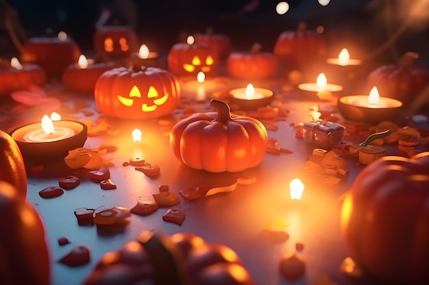 Una exhibición de Halloween con velas y calabazas en la mesa.