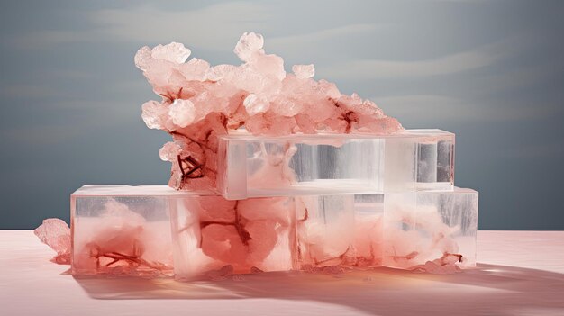 Foto exhibición de hielo con luz suave, coral apagado para productos naturales de bienestar