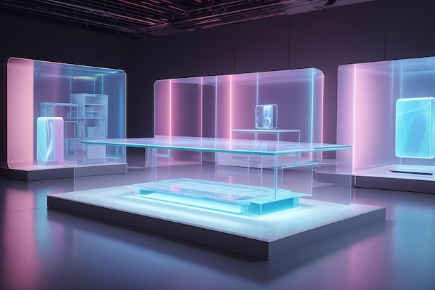 Exhibición holográfica futurista de productos vacíos.