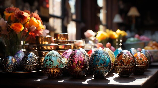 una exhibición de huevos de Pascua coloridos en una mesa