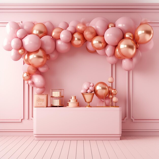 Exhibición interior con globos y podio vacío en colores de oro rosa