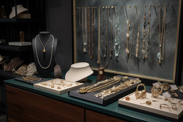 Foto una exhibición de joyas de delicados collares, pendientes y pulseras creados con ia generativa