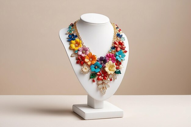 Foto exhibición de joyas de vitrina de busto para colgante de collar con flores coloridas en fondo beige blanco