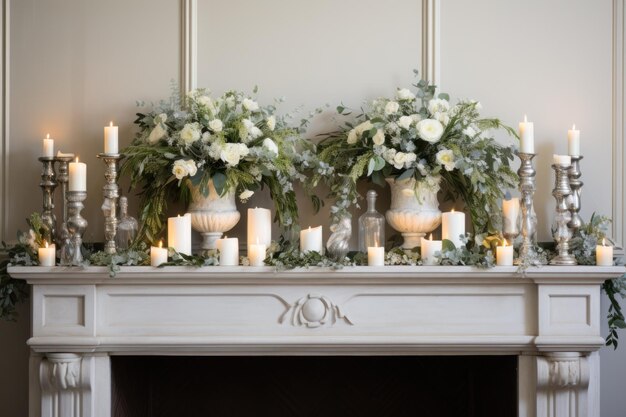 Foto exhibición de manto blanco y plateado con velas y vegetación