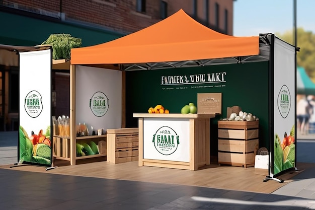 Exhibición de la marca del mercado de agricultores Incorporar el logotipo en las pancartas de los puestos de los vendedores y los materiales promocionales