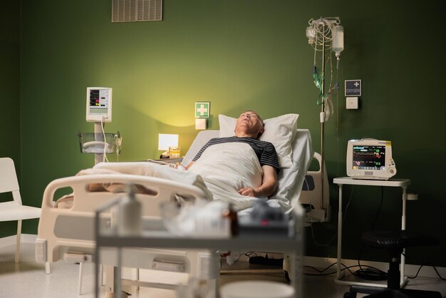 Foto exhibición de medicamentos en agudo detalle mientras un paciente del hospital yace en el fondo apareciendo