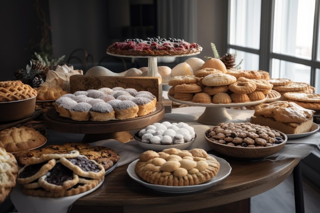 Exhibición de mesa de pasteles y pasteles de galletas navideñas en panadería creada con ai generativa