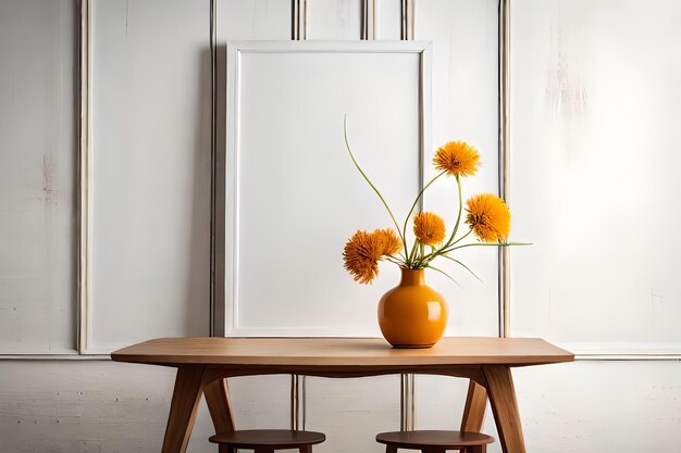 Exhibición mínima de la lona del marco de la imagen blanca con la flor en florero